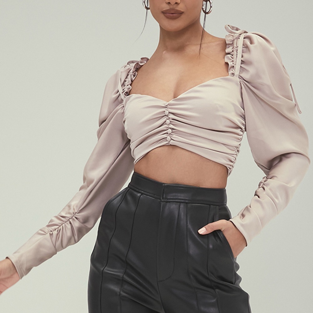 Mistress Rocks NWT 
Light Beige Satin Gathered Crop Top Small